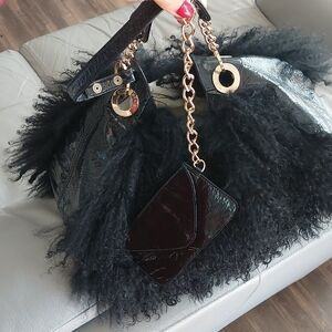 Luxurious Black Fur-Trimmed Handbag